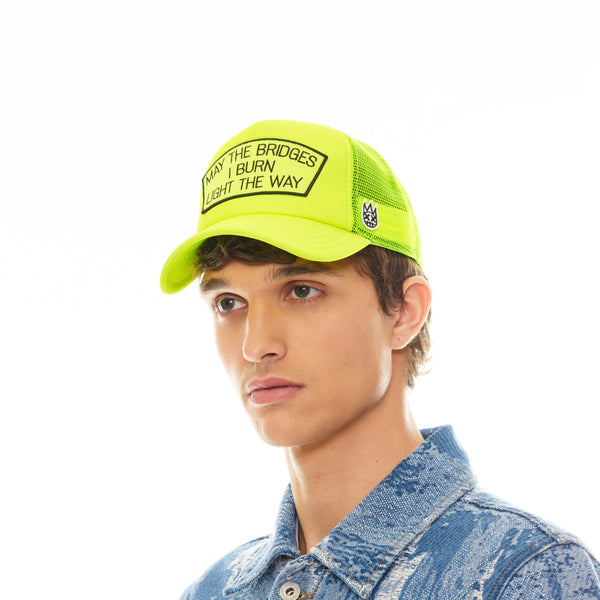 Cult Of Individuality Mesh Back Trucker Hat In Neon Yellow May The Bridges I Burn Hats