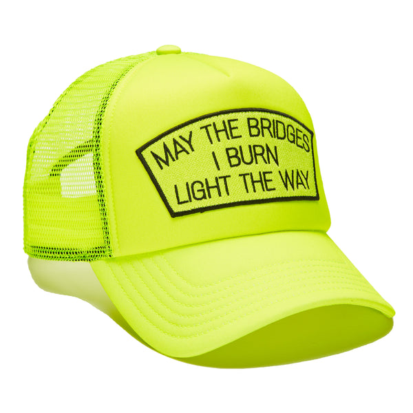 cult of individuality Mesh Back Trucker Hat In Neon Yellow May The Bridges I Burn Hats