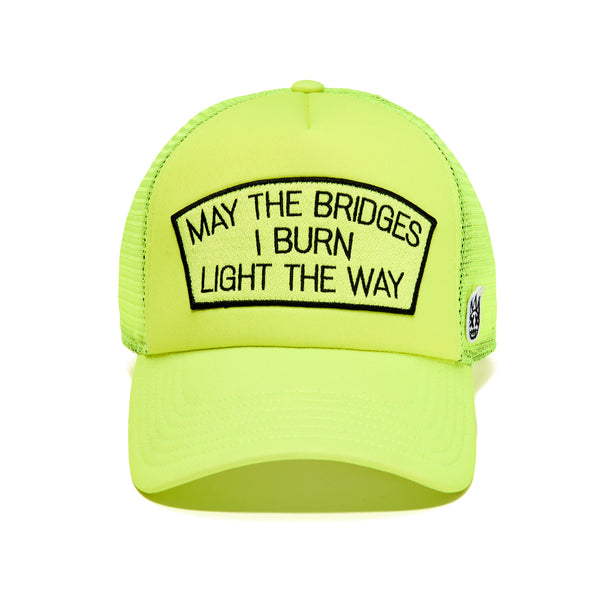Cult Of Individuality Mesh Back Trucker Hat In Neon Yellow May The Bridges I Burn Hats