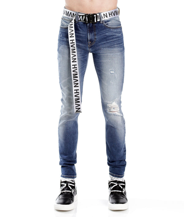 cult of individuality STRAT SUPER SKINNY FIT JEAN w/WHITE BELT IN BALTIC Jeans