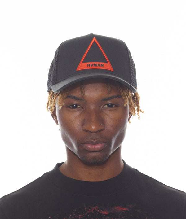 Cult Of Individuality TRIANGLE LOGO MESH TRUCKER CAP IN BLACK /W RED LOGO Hats