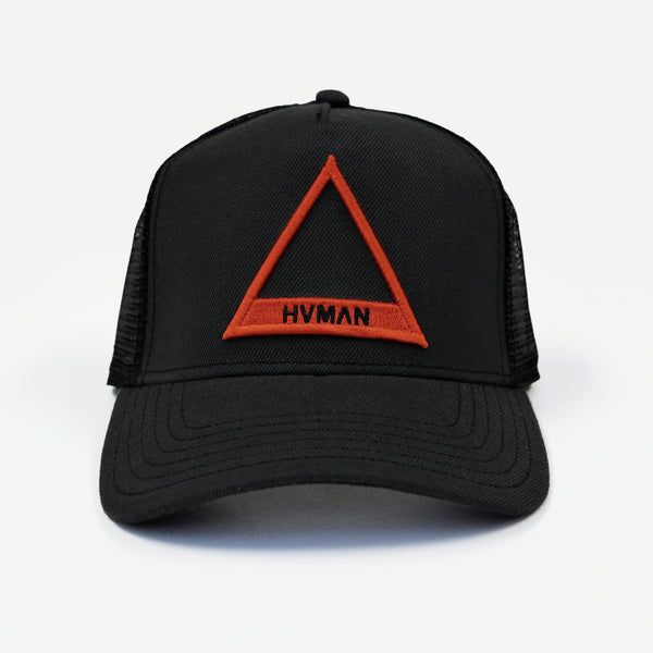 cult of individuality TRIANGLE LOGO MESH TRUCKER CAP IN BLACK /W RED LOGO Hats