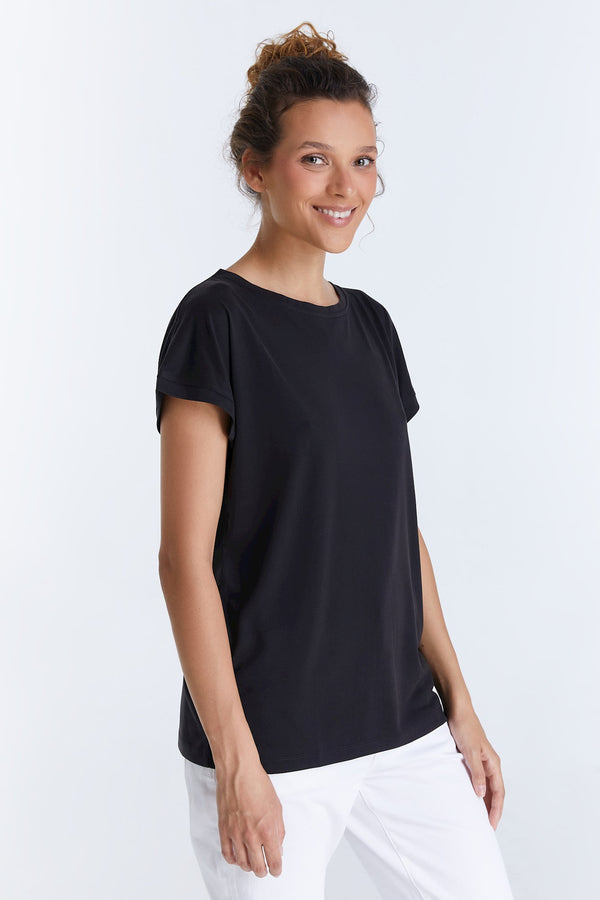 Cup Of Joe Denim Audrey Boat Neck Short Sleeve Tshirt