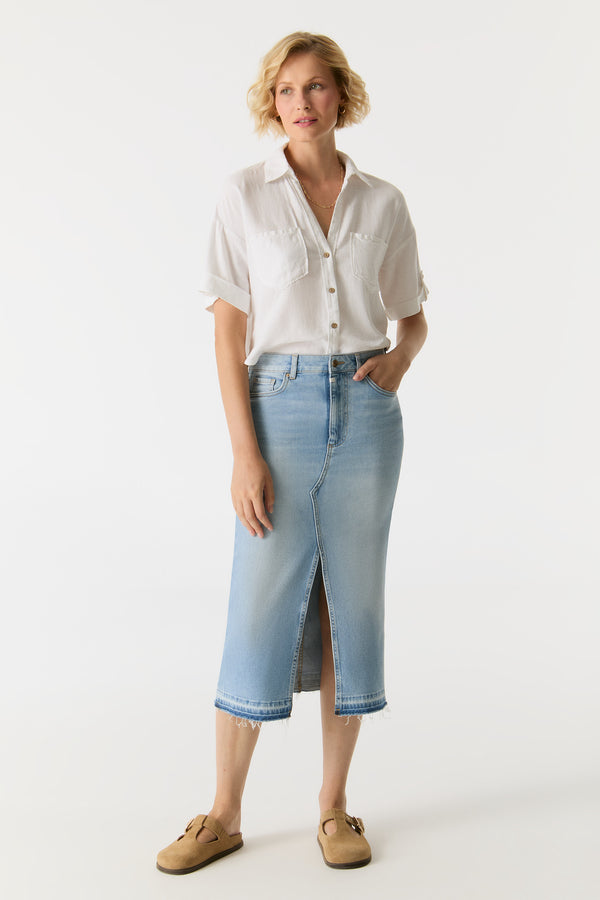 Cup Of Joe Denim Evelyn Mid Waist Long Length 5 Pocket Skirt