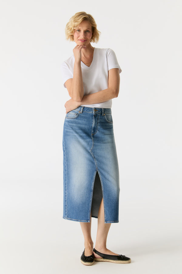 Cup Of Joe Denim Evelyn Mid Waist Long Length 5 Pocket Skirt