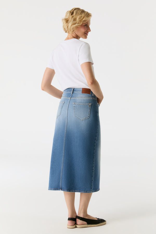 Cup Of Joe Denim Evelyn Mid Waist Long Length 5 Pocket Skirt