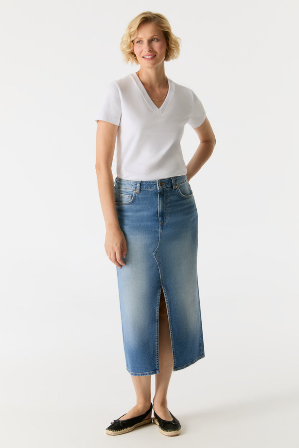 Cup Of Joe Denim Evelyn Mid Waist Long Length 5 Pocket Skirt