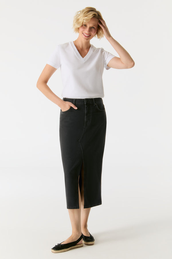 Cup Of Joe Denim Evelyn Mid Waist Long Length 5 Pocket Skirt