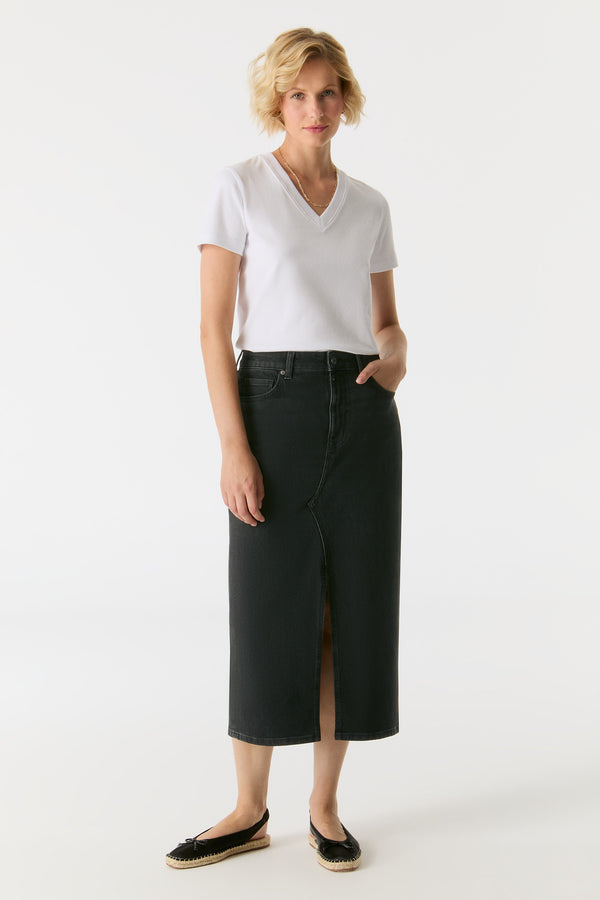 Cup Of Joe Denim Evelyn Mid Waist Long Length 5 Pocket Skirt