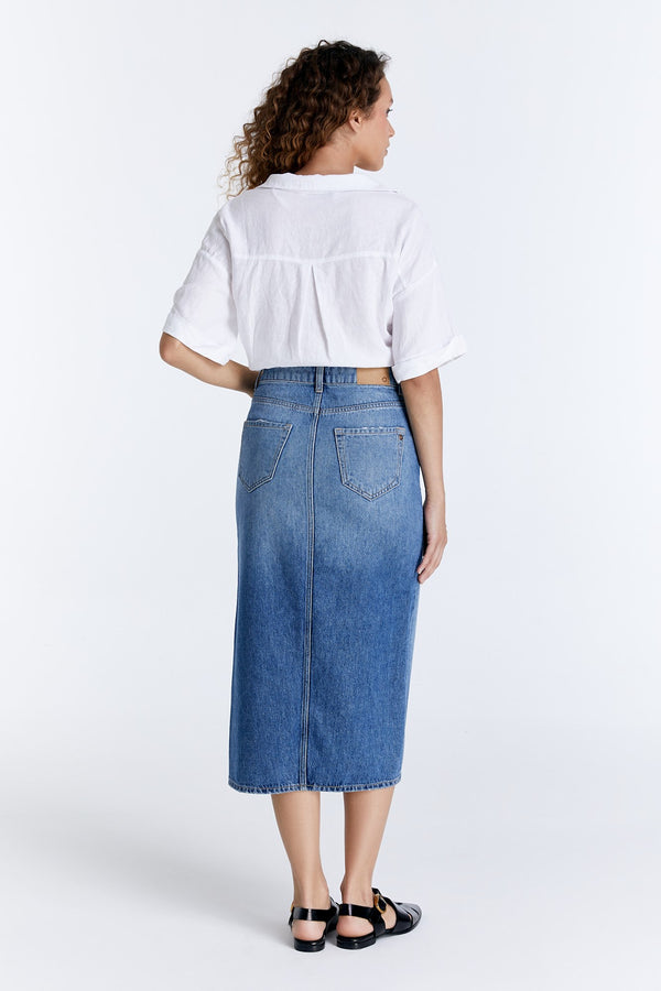 Cup Of Joe Denim Helen Mid Waist Long Length 5 Pocket Skirt