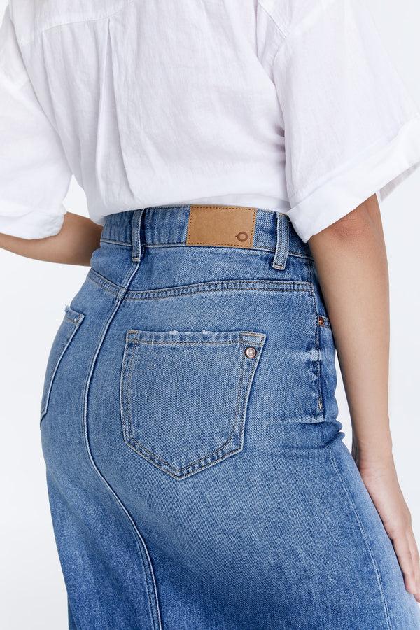 Cup Of Joe Denim Helen Mid Waist Long Length 5 Pocket Skirt