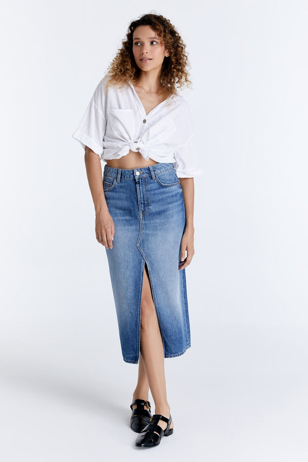 Cup Of Joe Denim Helen Mid Waist Long Length 5 Pocket Skirt