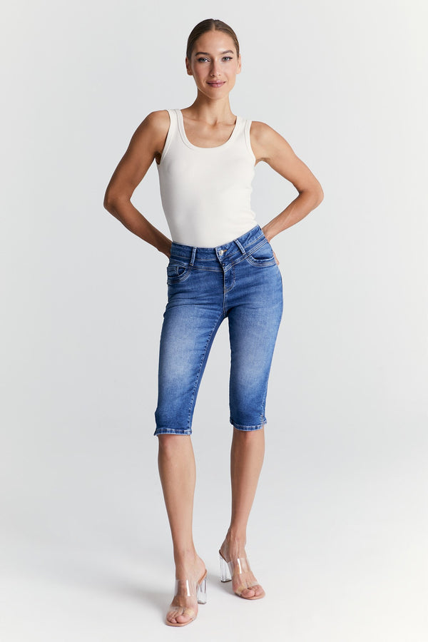 Cup Of Joe Denim Karen Mid Waist Regular Length 5 Pocket Capri