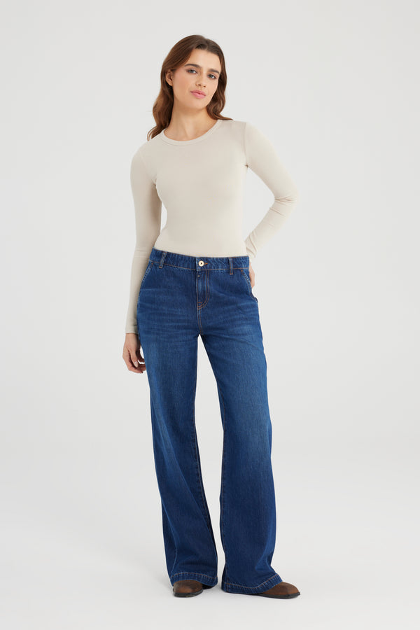 Cup Of Joe Denim Maxine Mid Waist Full Length Drop Crotch Chino Jeans