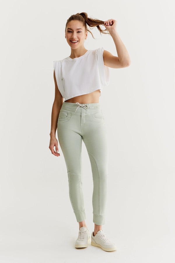 Cup Of Joe Denim Mila Mid Waist Jogger 5 Pocket Ankle Pants