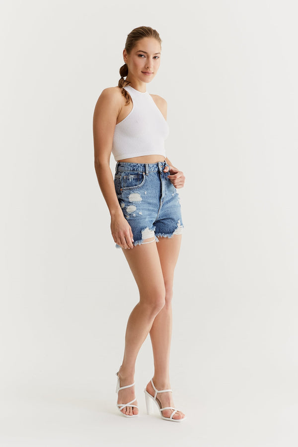 Cup Of Joe Denim Naomi High Waist Mini Length 5 Pocket Shorts