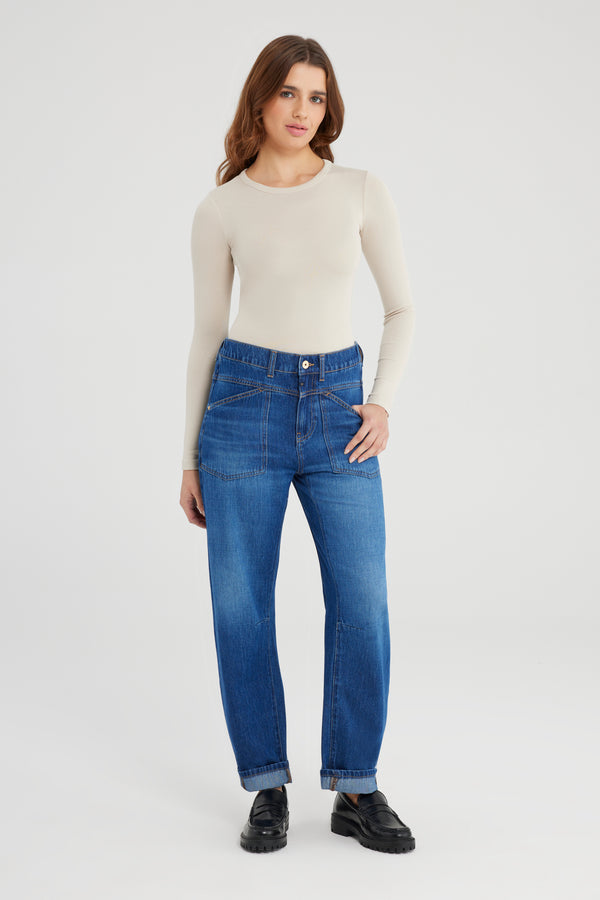 Cup Of Joe Denim Selena Mid Waist Ankle Length Drop Crotch Patch Pocket Jeans