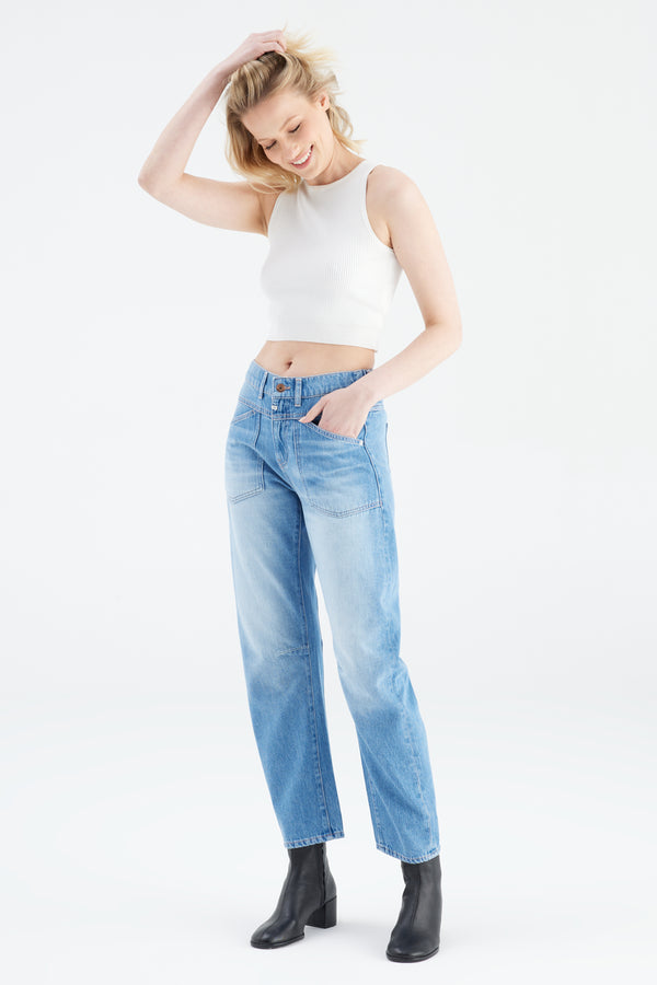 Cup Of Joe Denim Selena Mid Waist Ankle Length Drop Crotch Patch Pocket Jeans