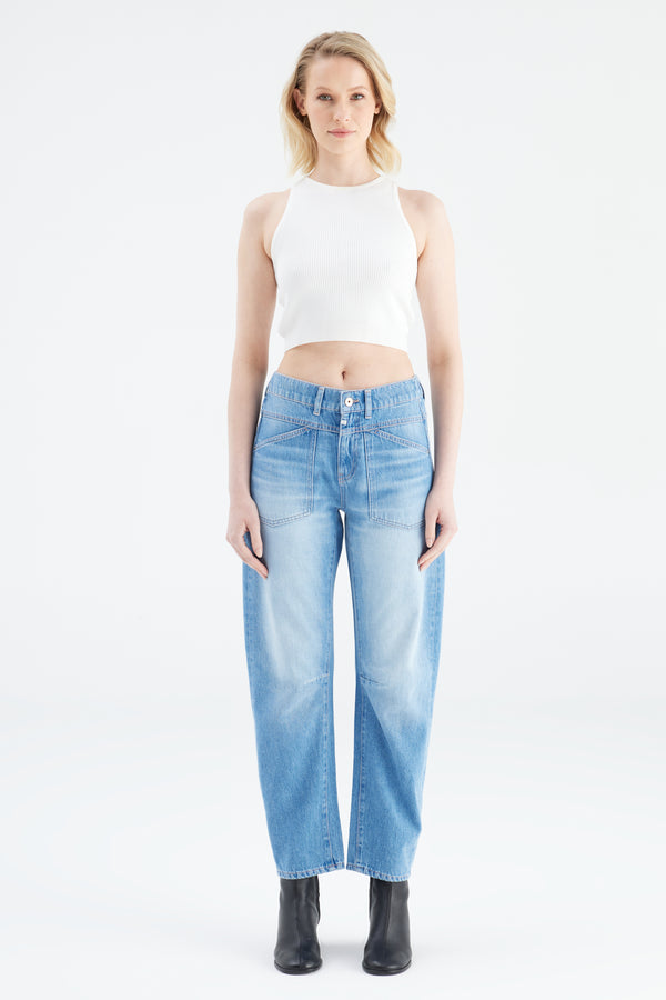 Cup Of Joe Denim Selena Mid Waist Ankle Length Drop Crotch Patch Pocket Jeans