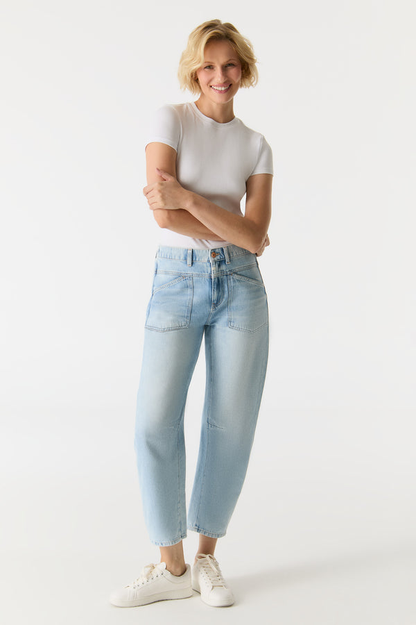 Cup Of Joe Denim Selena Mid Waist Ankle Length Drop Crotch Patch Pocket Jeans