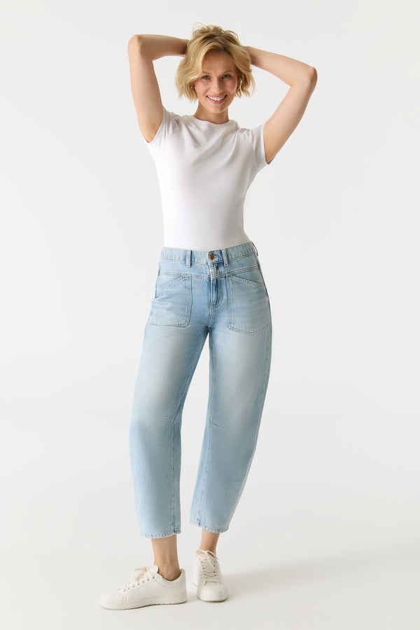 Cup Of Joe Denim Selena Mid Waist Ankle Length Drop Crotch Patch Pocket Jeans