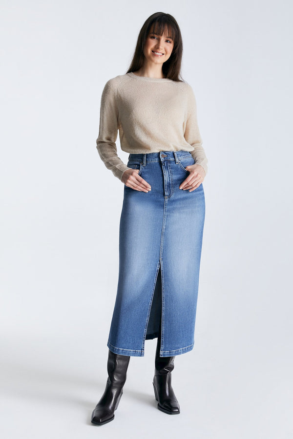 Cup Of Joe Denim Valerie Mid Waist Long Length Skirt