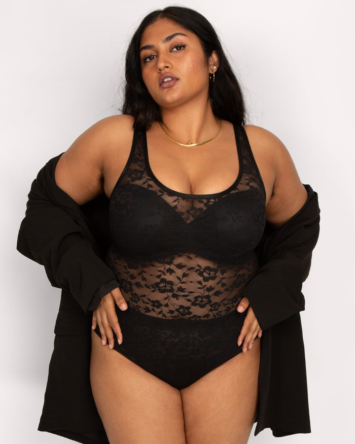 Curvy Couture No-Show Lace Bodysuit Black Hue