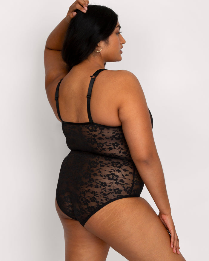 Curvy Couture No-Show Lace Bodysuit Black Hue