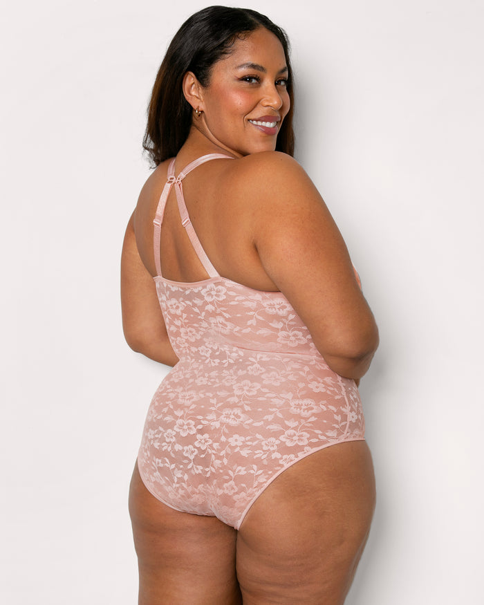 Curvy Couture No-Show Lace Bodysuit Blushing Rose