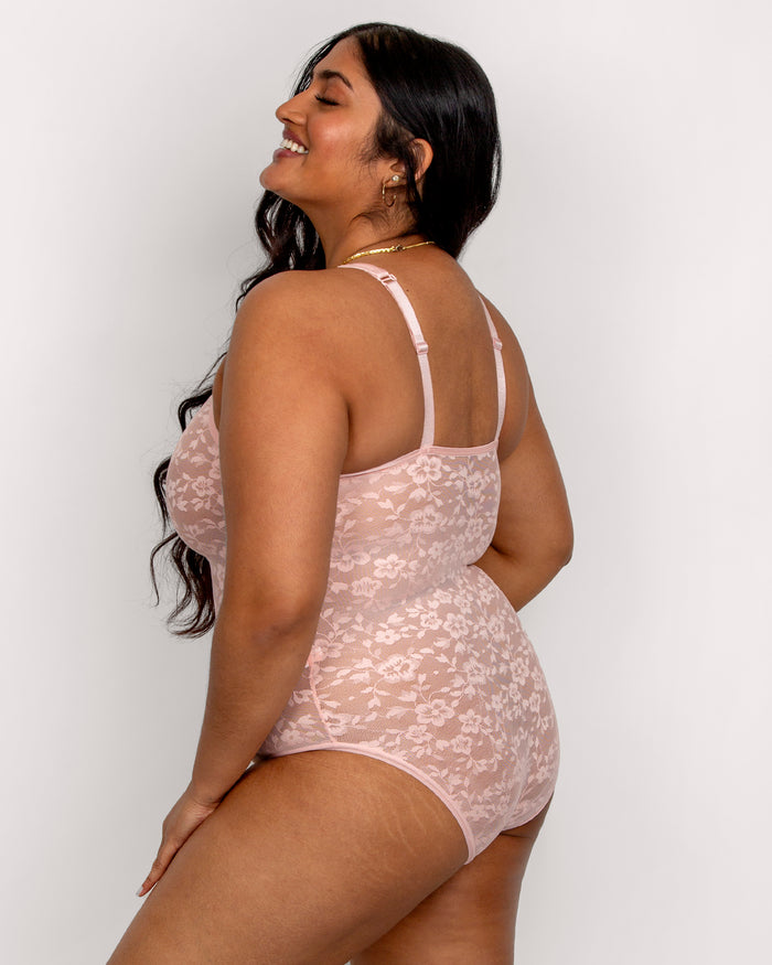 Curvy Couture No-Show Lace Bodysuit Blushing Rose