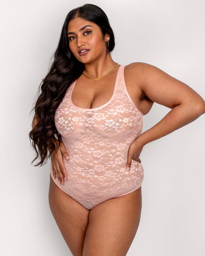 curvy couture No-Show Lace Bodysuit Blushing Rose