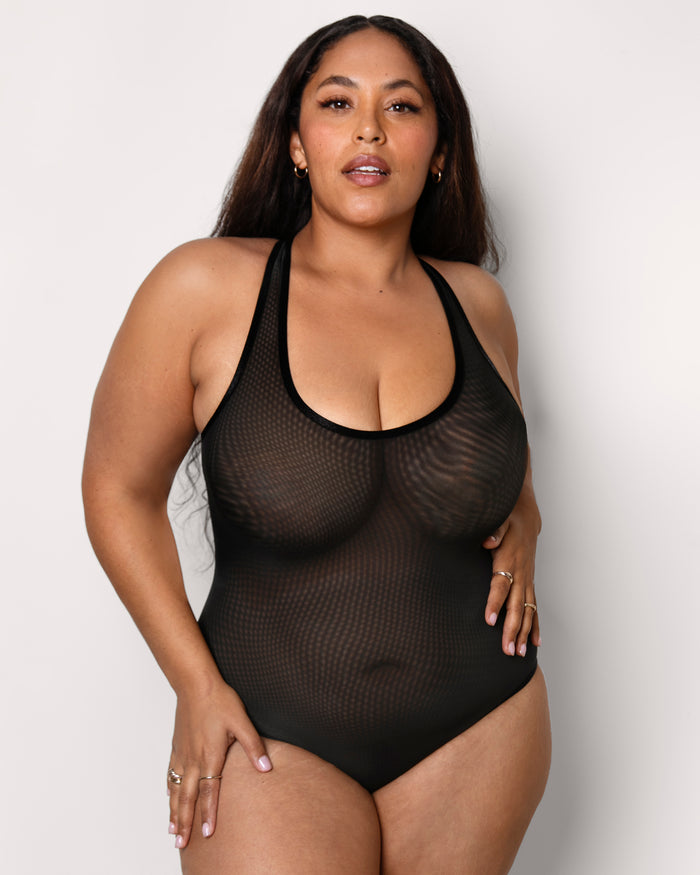 curvy couture Sheer Mesh Bodysuit Black Hue