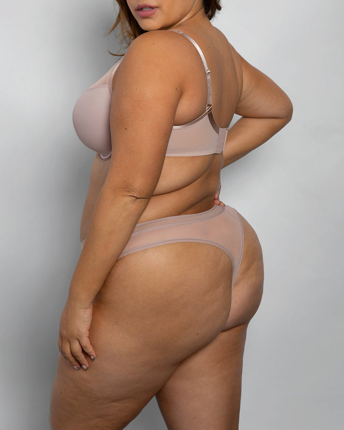Curvy Couture Sheer Mesh High Cut Thong Bark