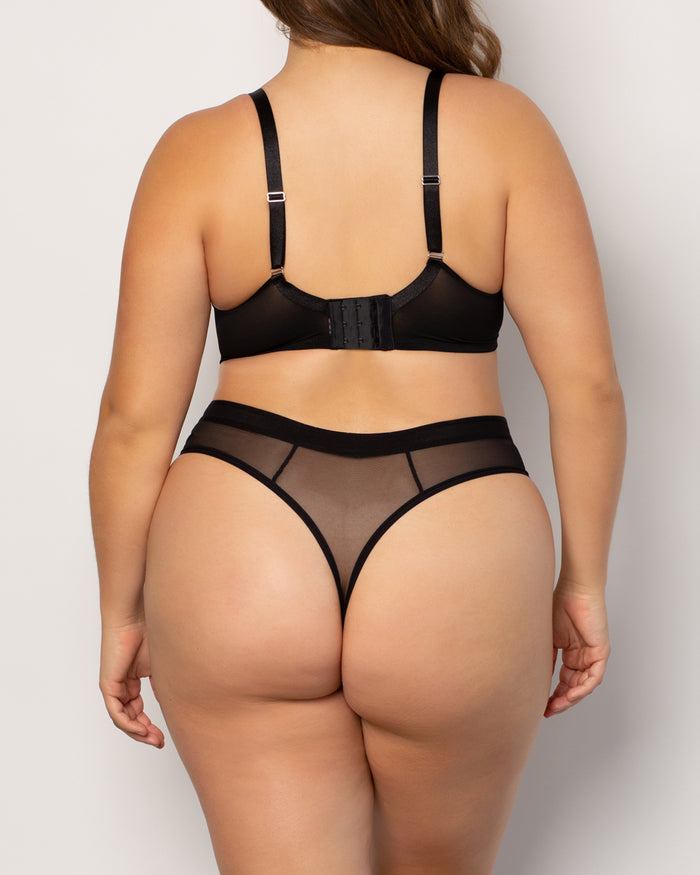 Curvy Couture Sheer Mesh High Cut Thong Black Hue