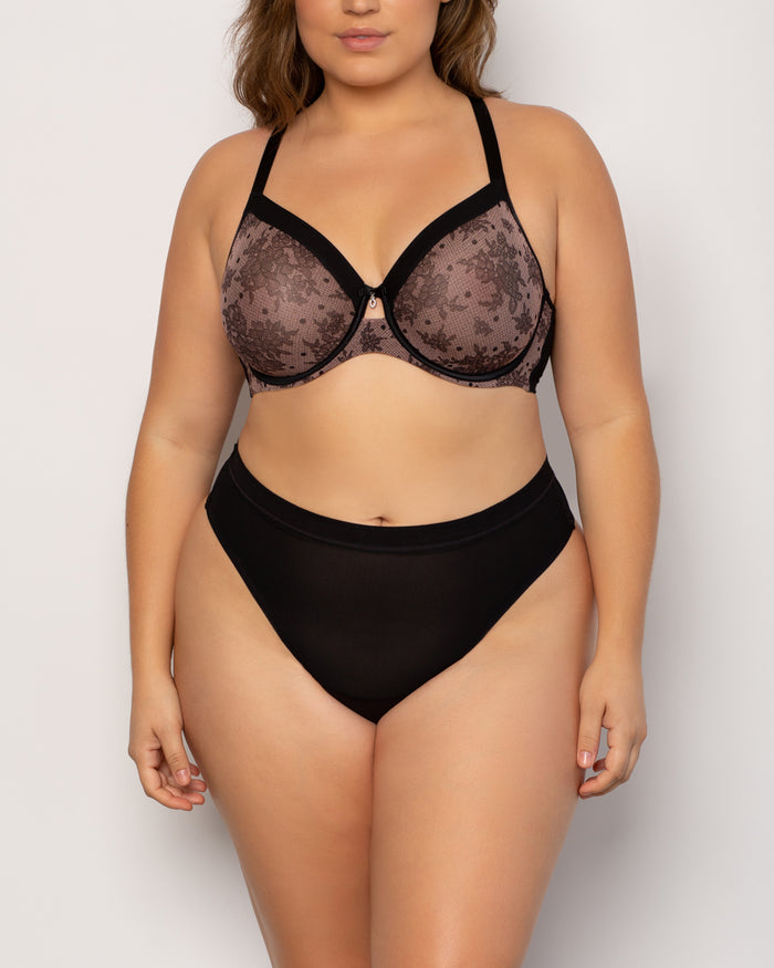 Curvy Couture Sheer Mesh High Cut Thong Black Hue
