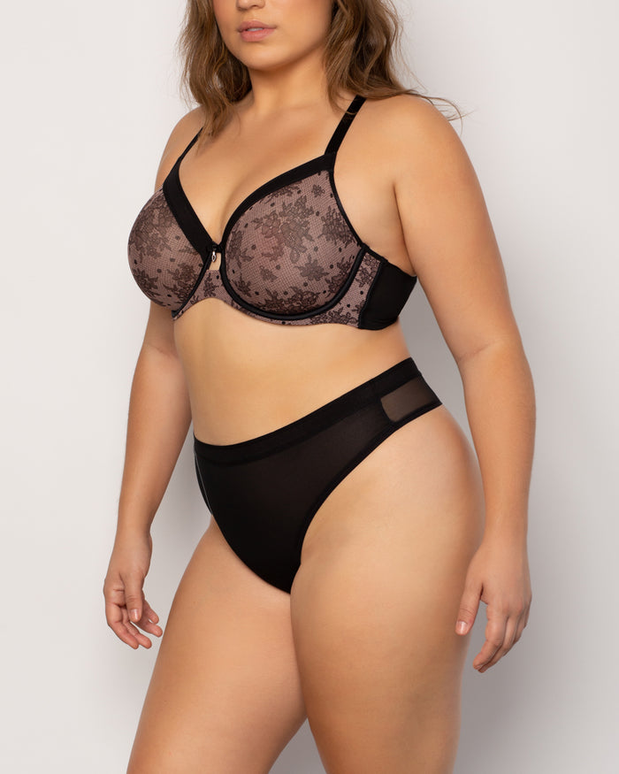 Curvy Couture Sheer Mesh High Cut Thong Black Hue