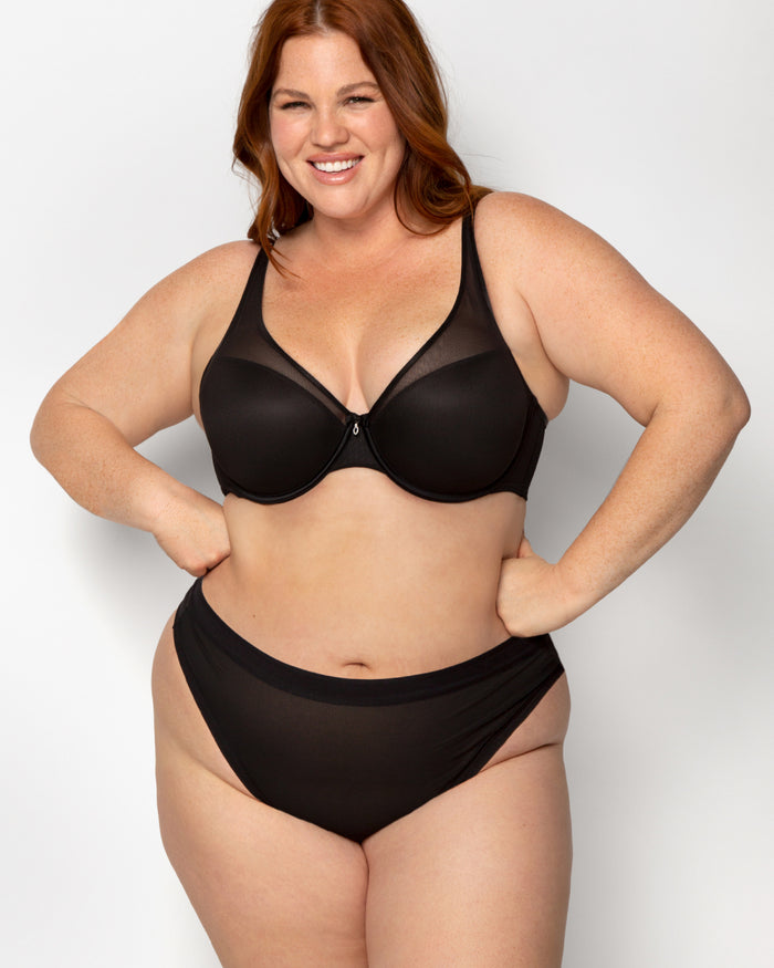 curvy couture Sheer Mesh High Cut Thong Black Hue