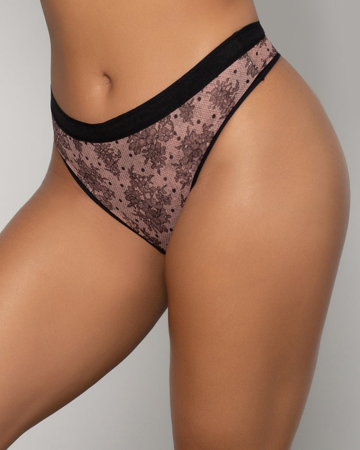 Curvy Couture Sheer Mesh High Cut Thong Chantilly