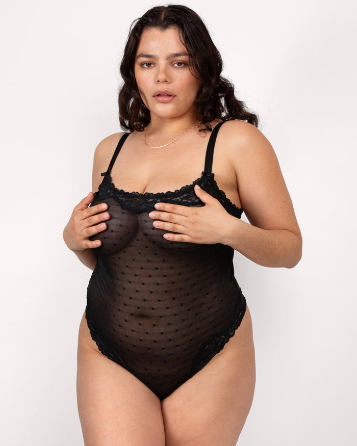 Curvy Couture Sheer Whisper Thong Bodysuit Onyx