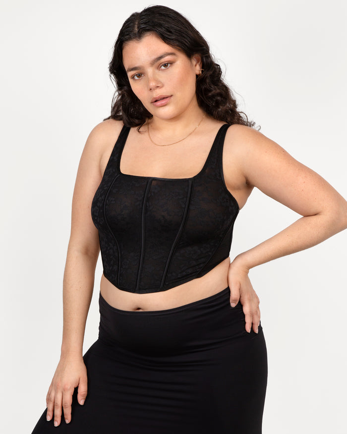 Curvy Couture No-Show Lace Bustier Bra Top Black Hue