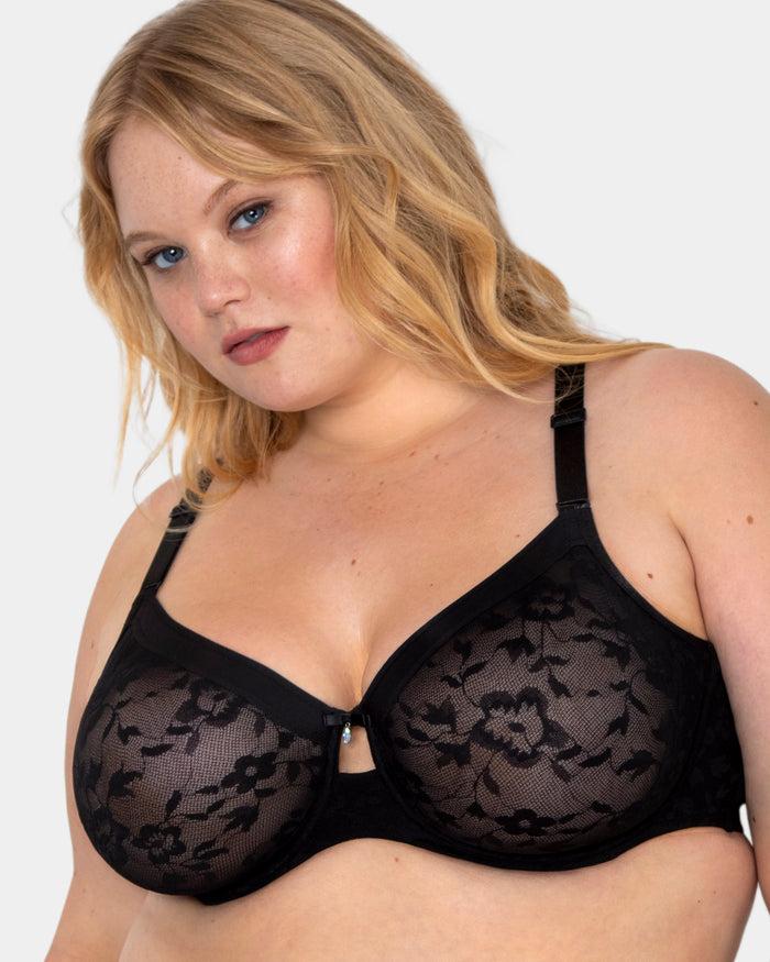 curvy couture No-Show Lace Unlined Underwire Bra Black Hue