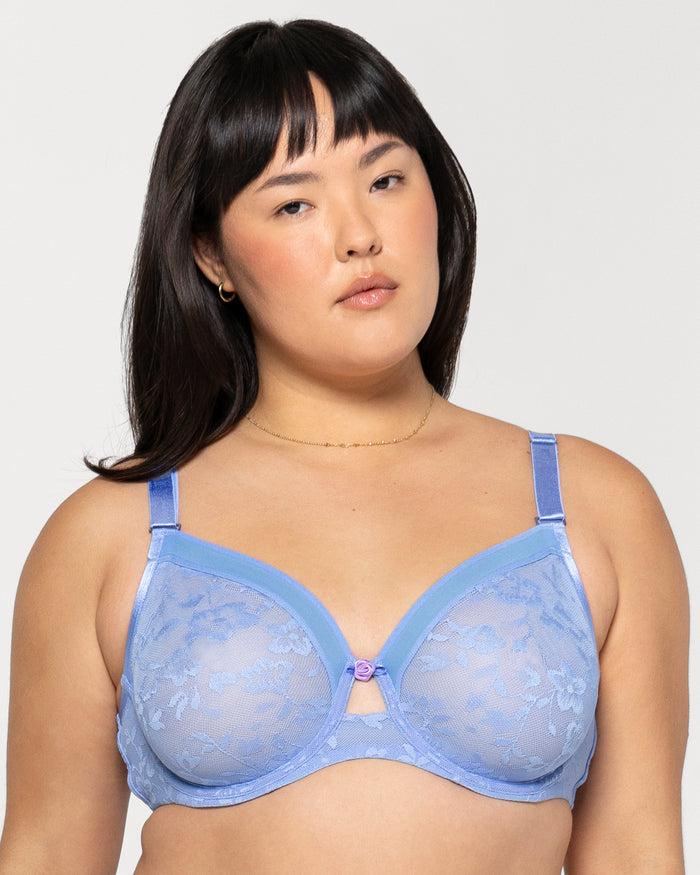 curvy couture No-Show Lace Unlined Underwire Bra Denim Blue