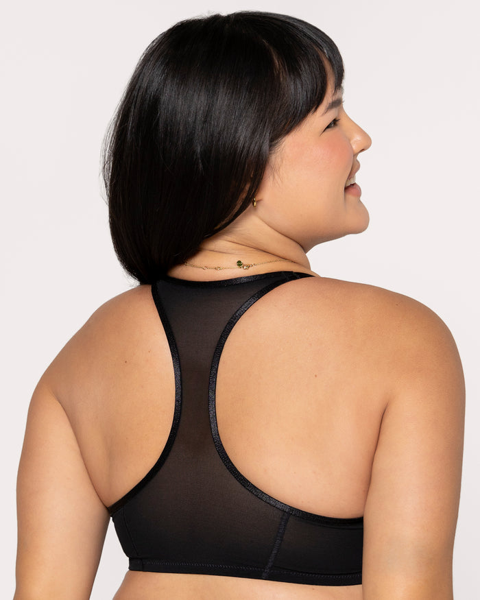 Curvy Couture Sheer Mesh Front-Close Racerback T-Shirt Bra Black Hue