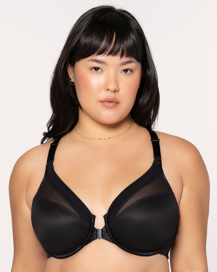 curvy couture Sheer Mesh Front-Close Racerback T-Shirt Bra Black Hue