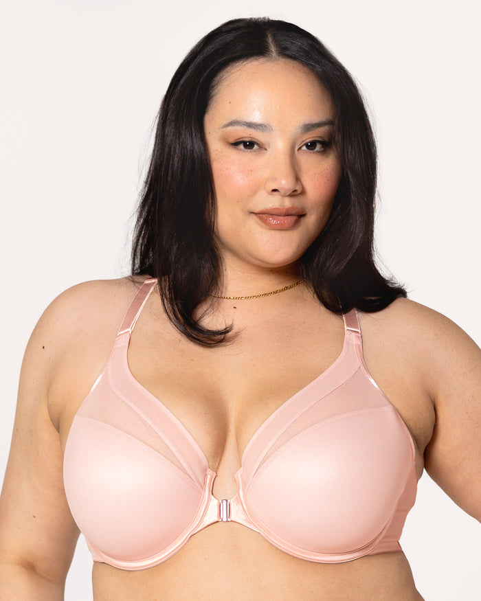 Curvy Couture Sheer Mesh Front-Close Racerback T-Shirt Bra Blushing Rose