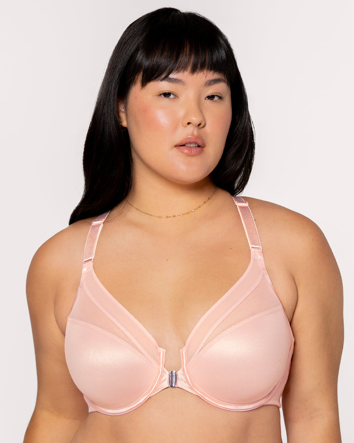 curvy couture Sheer Mesh Front-Close Racerback T-Shirt Bra Blushing Rose