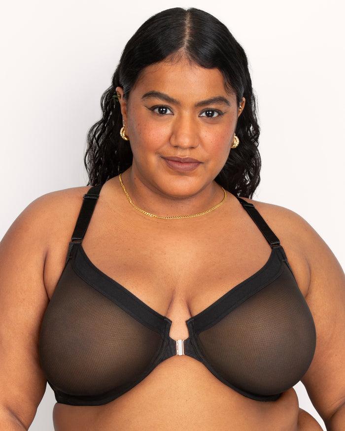 Curvy Couture Sheer Mesh Front-Close Racerback Unlined Bra Black Hue
