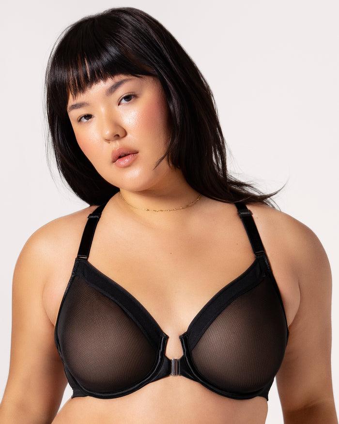 curvy couture Sheer Mesh Front-Close Racerback Unlined Bra Black Hue