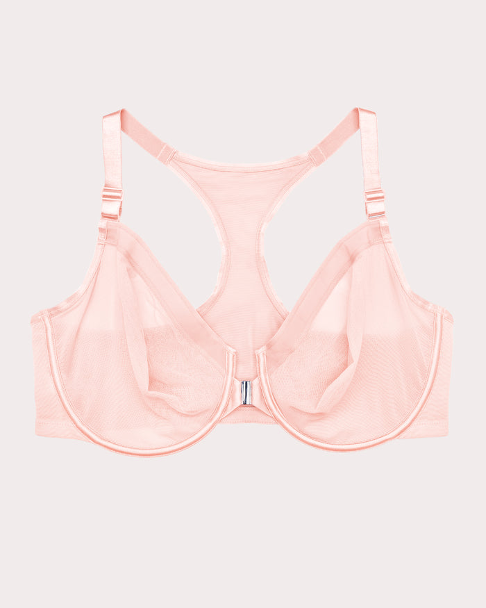 Curvy Couture Sheer Mesh Front-Close Racerback Unlined Bra Blushing Rose