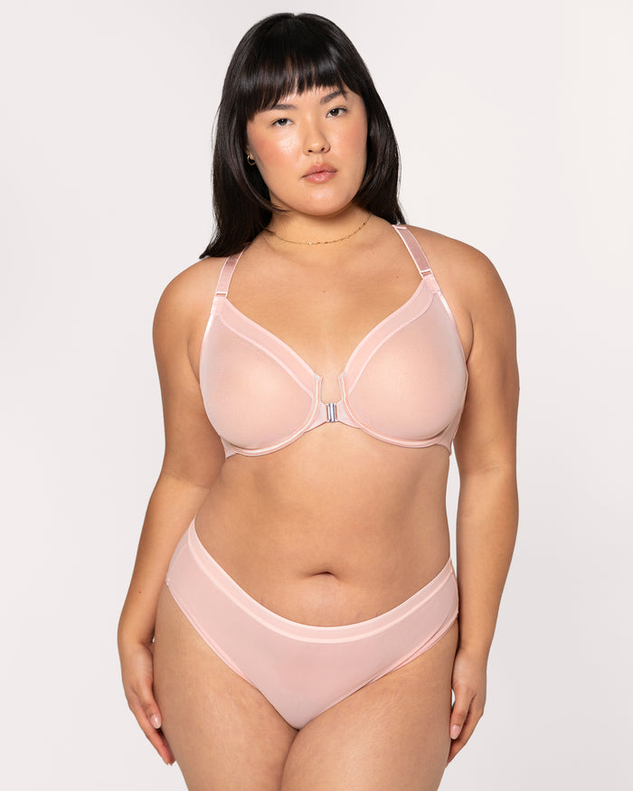 Curvy Couture Sheer Mesh Front-Close Racerback Unlined Bra Blushing Rose
